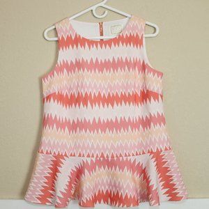 Sail To Sable STS Sleeveless Peplum Top Blouse Pink Coral Zig Zag Print Sz Small